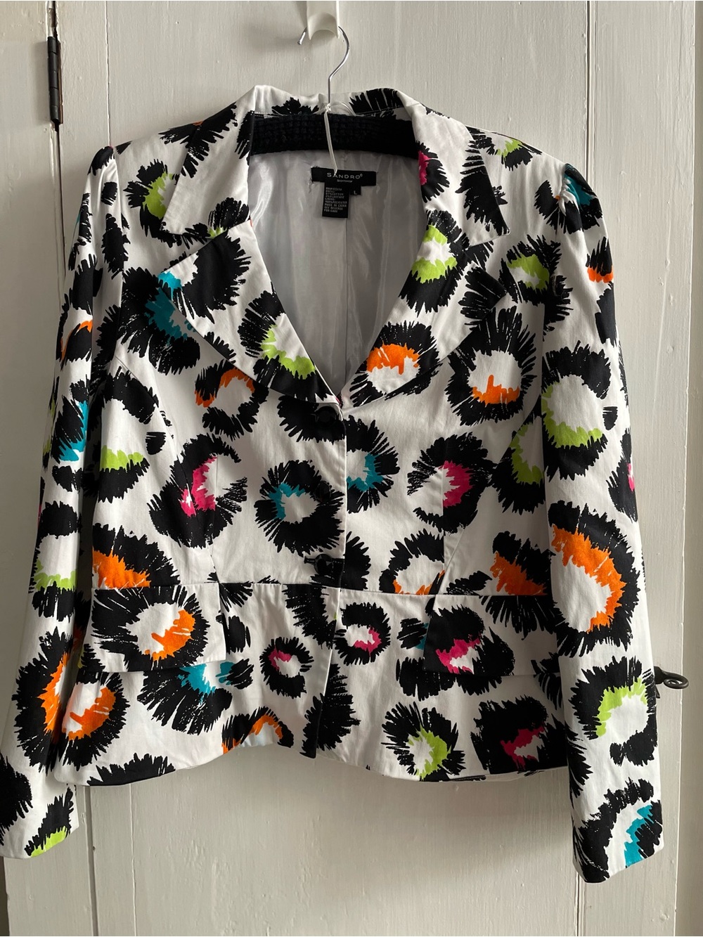 Sandro Womens White Multicolor Animal Print Lined Short Blazer Jacket Size L